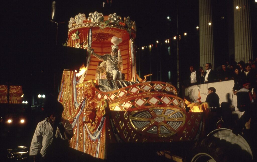 Elaborate Mardi Gras parade float at night, 1982