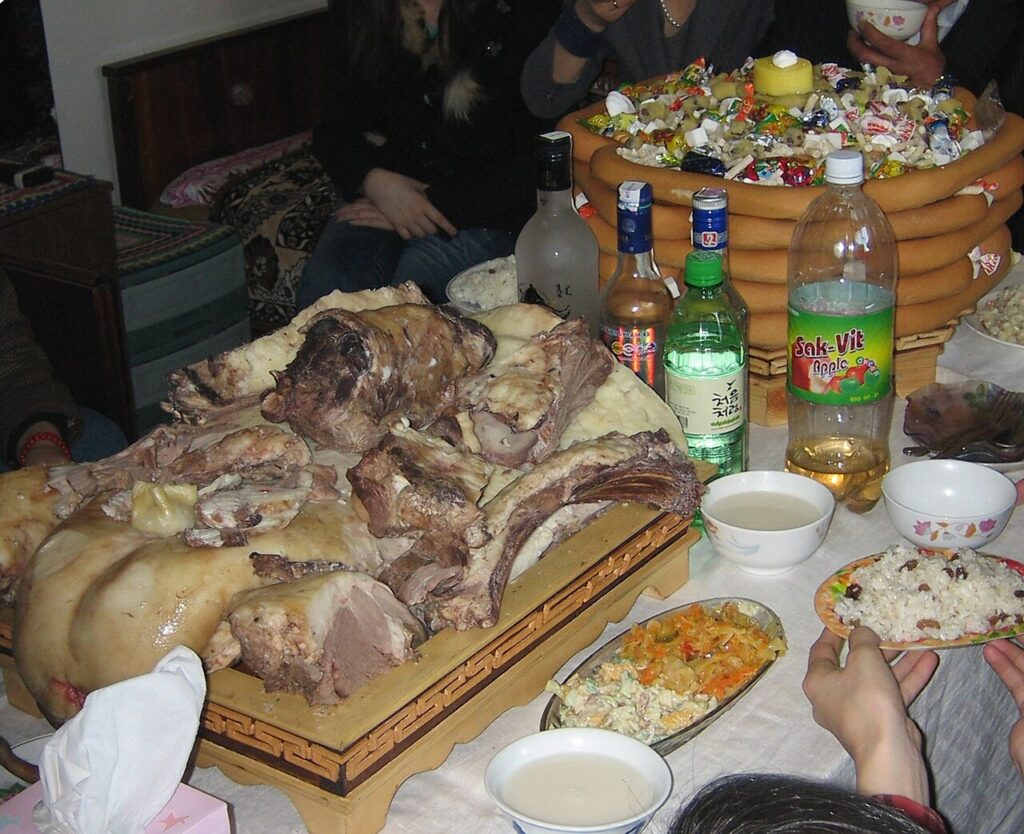 A Tsagaan Sar table with stacked ceremonial biscuits, Mongolia