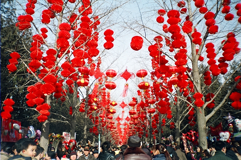 Rows of red lanterns at the Spring Festival temple fair in Ditan Park, Beijing