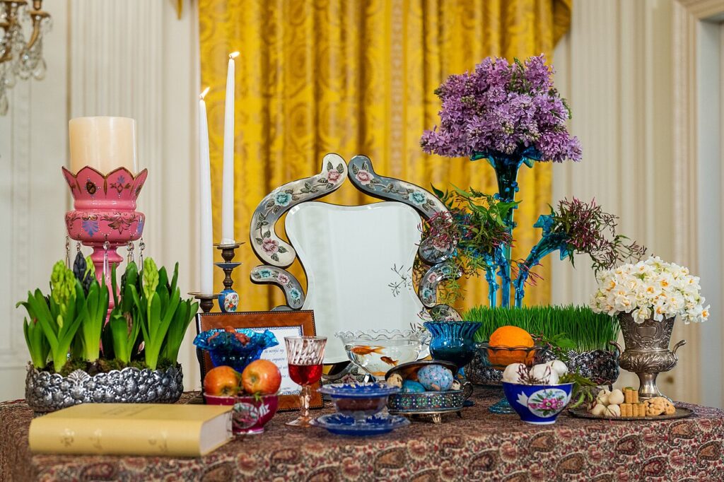 A Haft Sin table is displayed in honor of Nowruz, Monday March 20, 2023, in the East Room of the White House