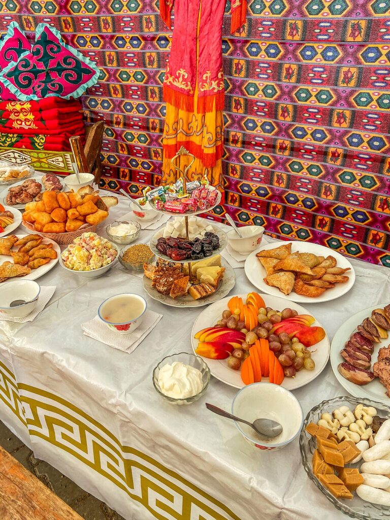 A laid table full of Kazakh national dishes