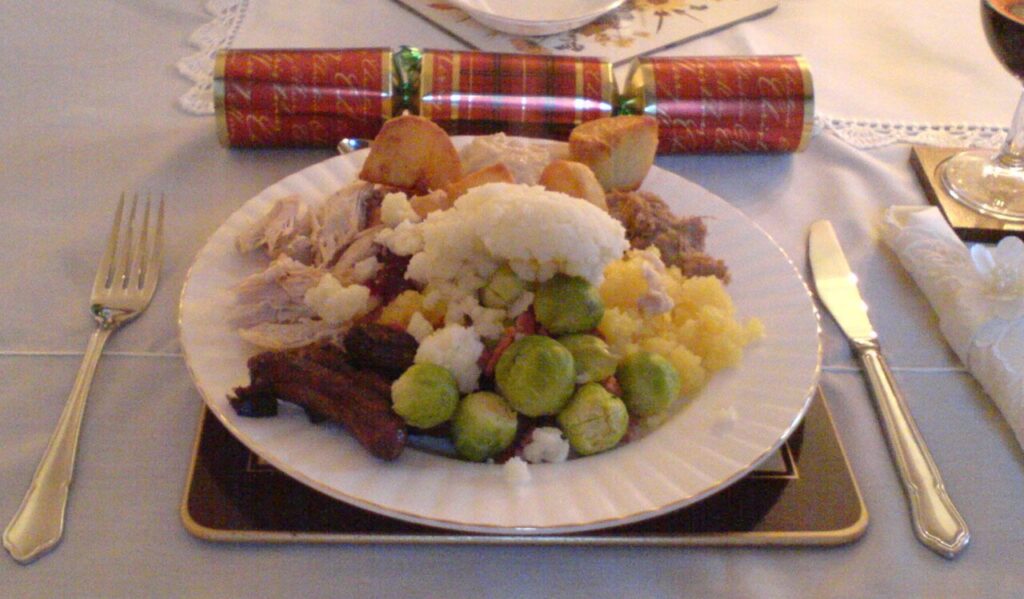 A British Christmas dinner of roast turkey and trimmings