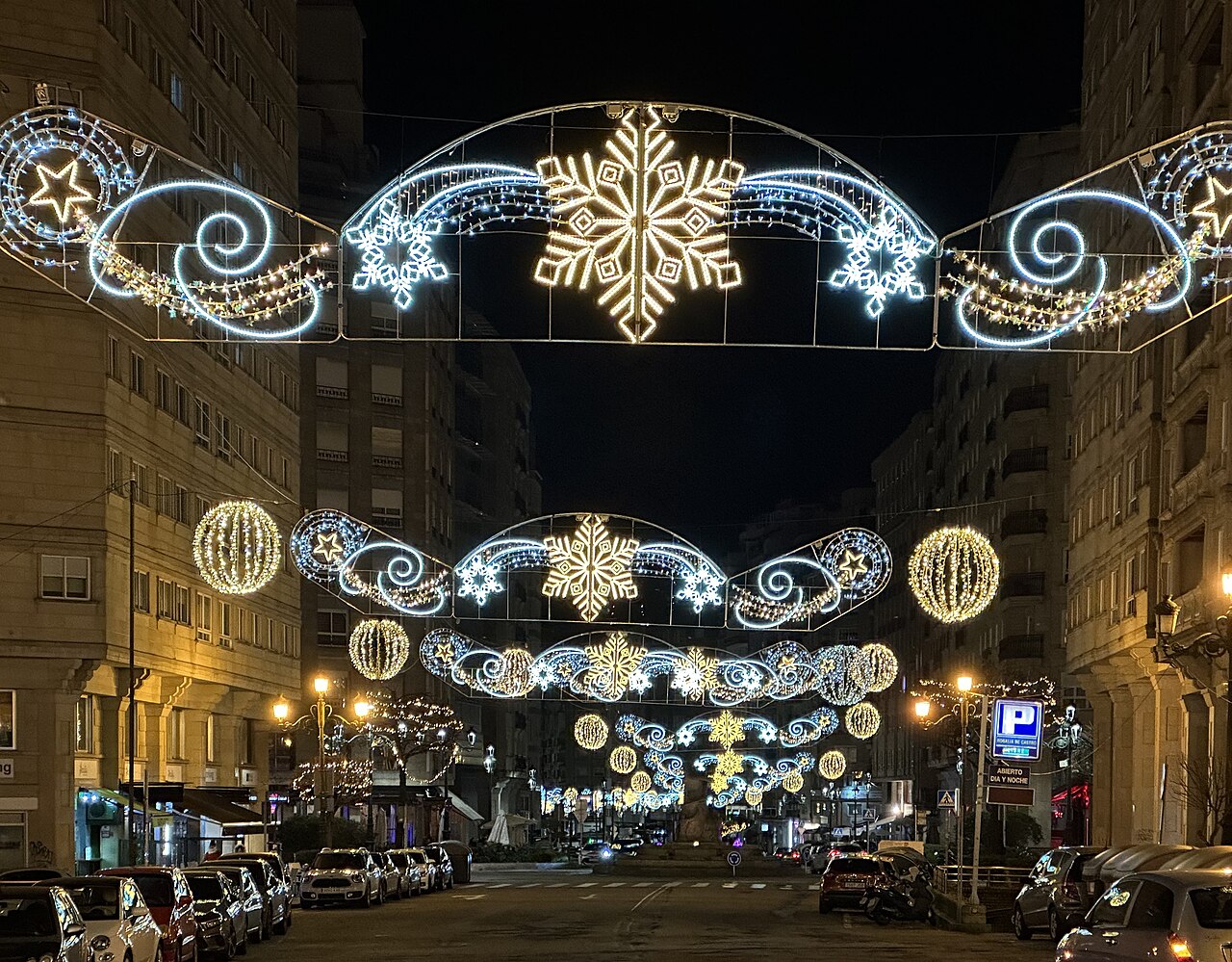 Christmas lights over a street in Vigo, Galicia, Spain