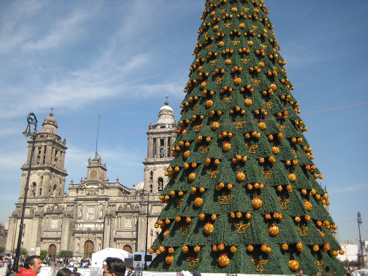 A Christmas tree and the Metropolitan Cathedral at the Zocalo in Mexico City