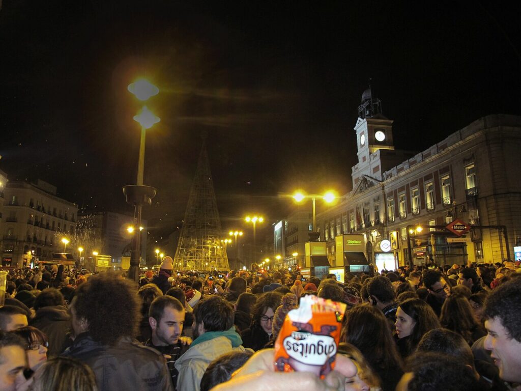 Crowds at the Puerta del Sol clock in Madrid