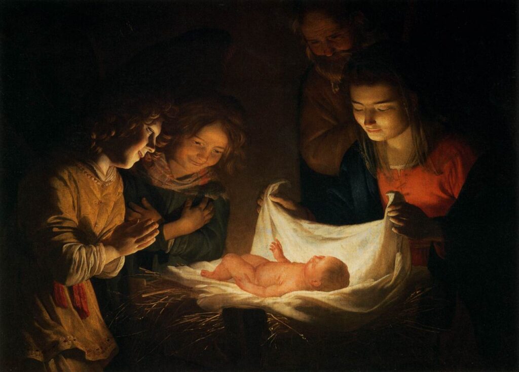 A candlelit painting of the Nativity
