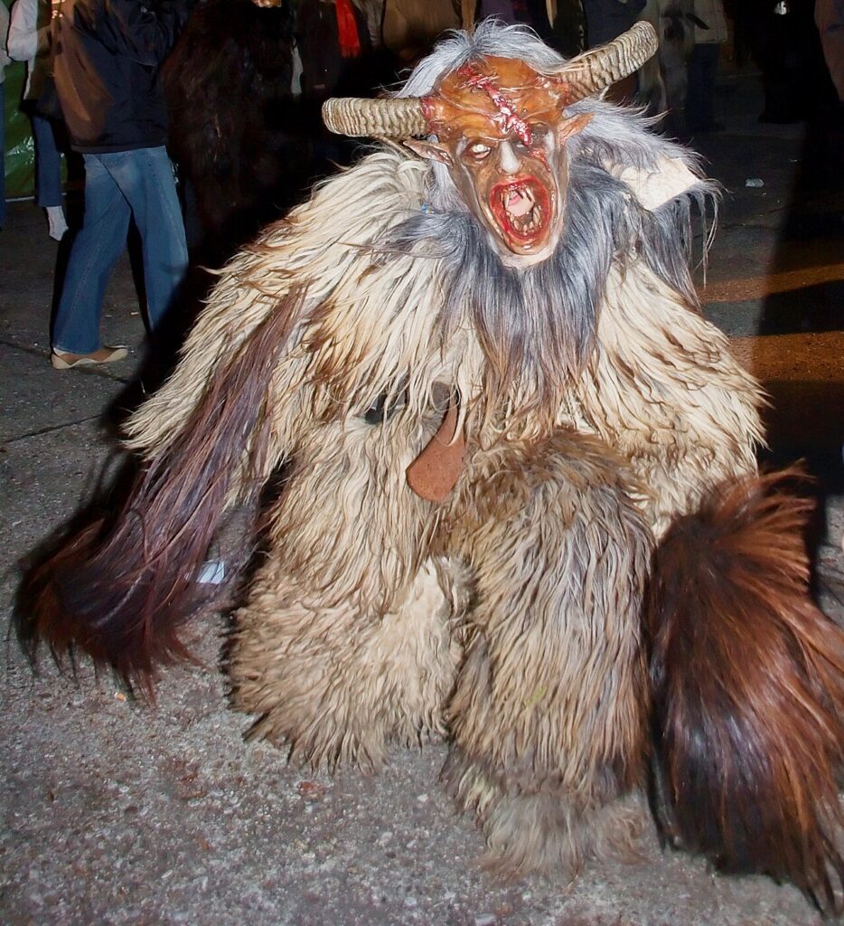 A Krampus costume at a run in Salzburg