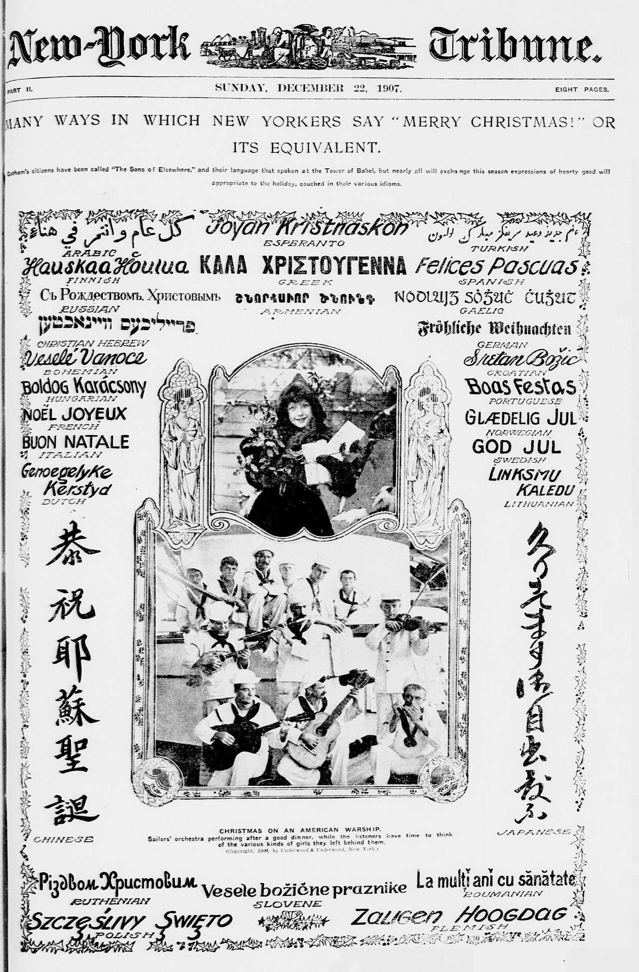 A 1907 newspaper page showing how New Yorkers say Merry Christmas in many languages