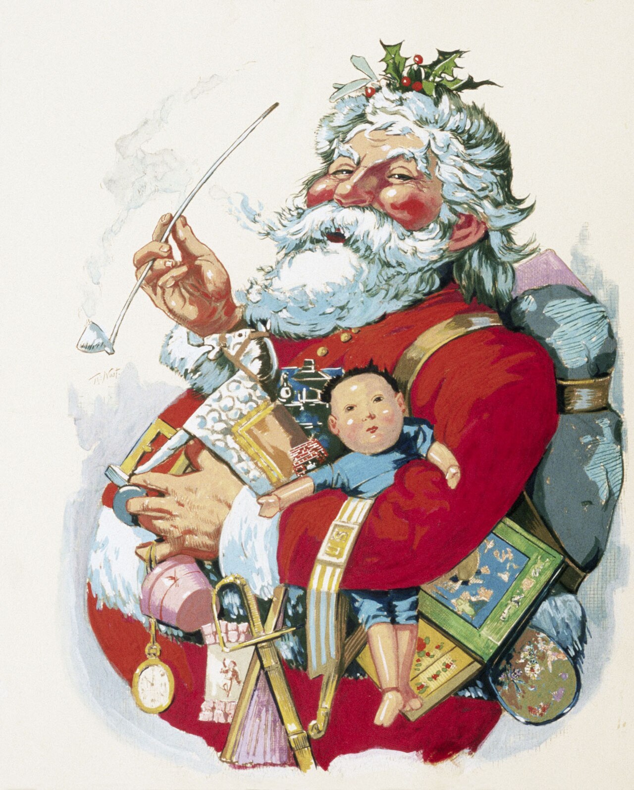 Thomas Nast 1881 illustration Merry Old Santa Claus showing Santa holding an armful of toys