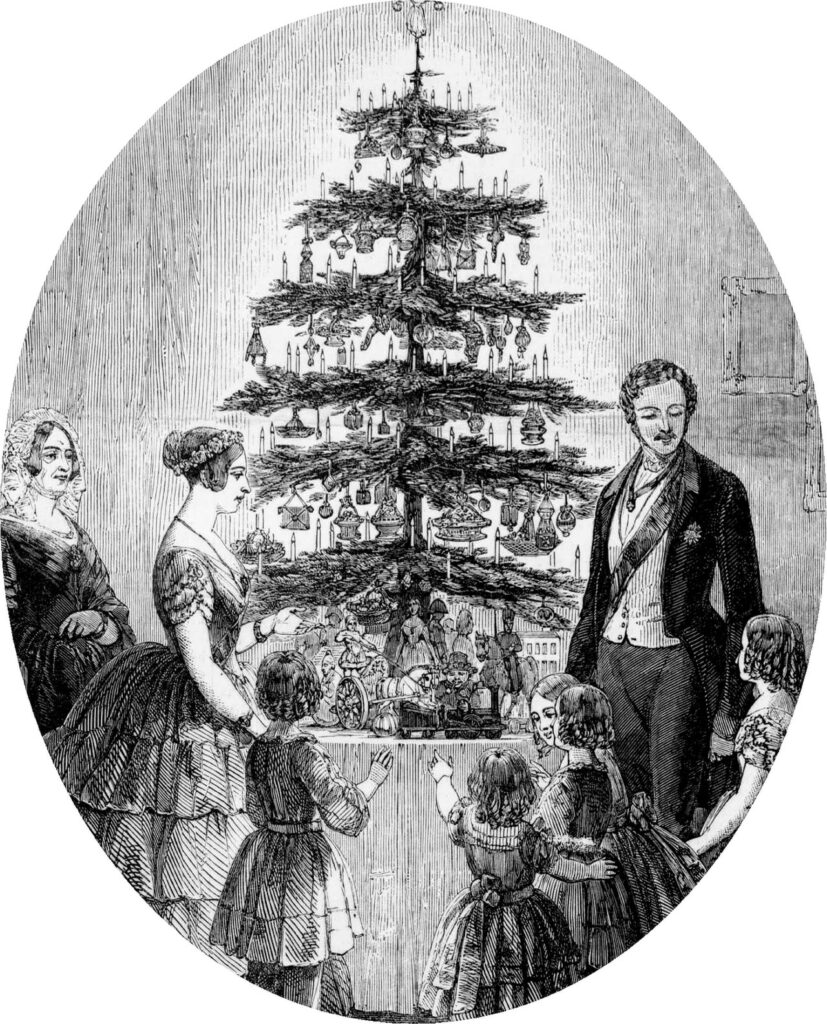 An 1848 engraving of the royal family around a Christmas tree