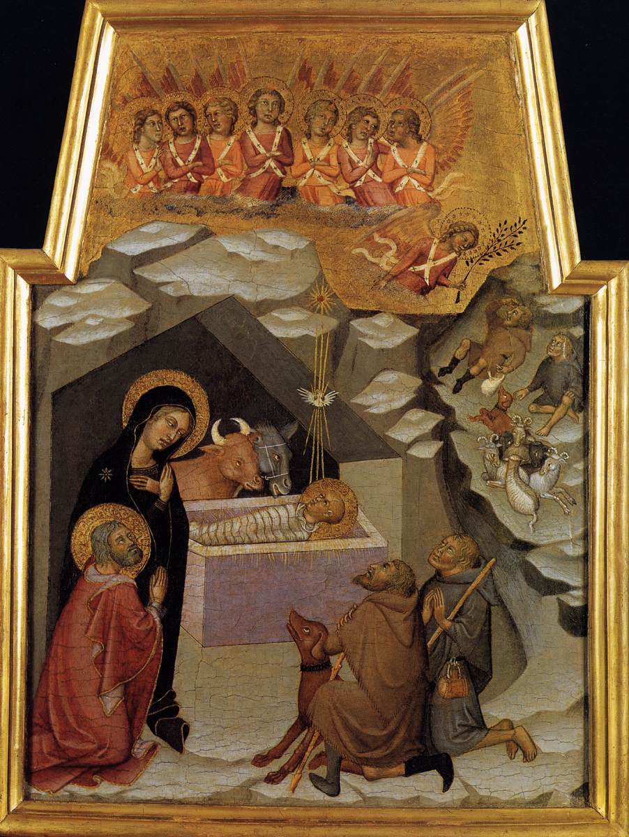 A 1383 painting of the Nativity with the Christ child in the manger, Mary, Joseph, and shepherds
