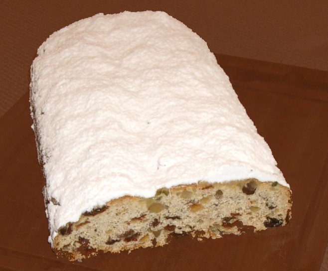 A sliced German Christstollen