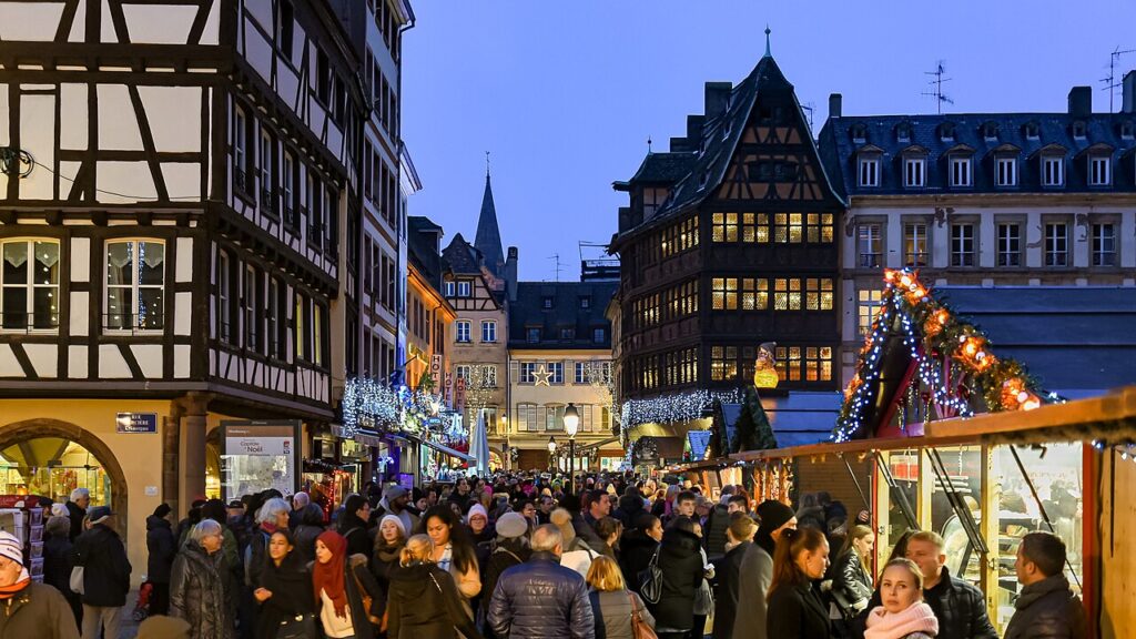 Stalls and lights at the Strasbourg Christmas market in France